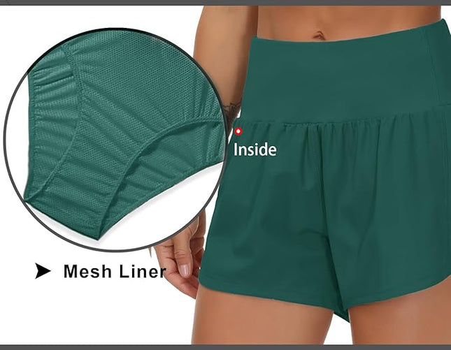 THE GYM PEOPLE Womens High Waisted Running Shorts Quick Dry Athletic Workout Shorts with Mesh Liner Zipper Pockets(Dark Blue Green, Medium)