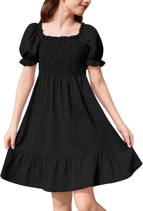 BesserBay Little Girls Puff Sleeve Square Neck Solid Black Midi Dress Summer Smocked Ruffle Flowing Casual Sundress Size 3-4 Years