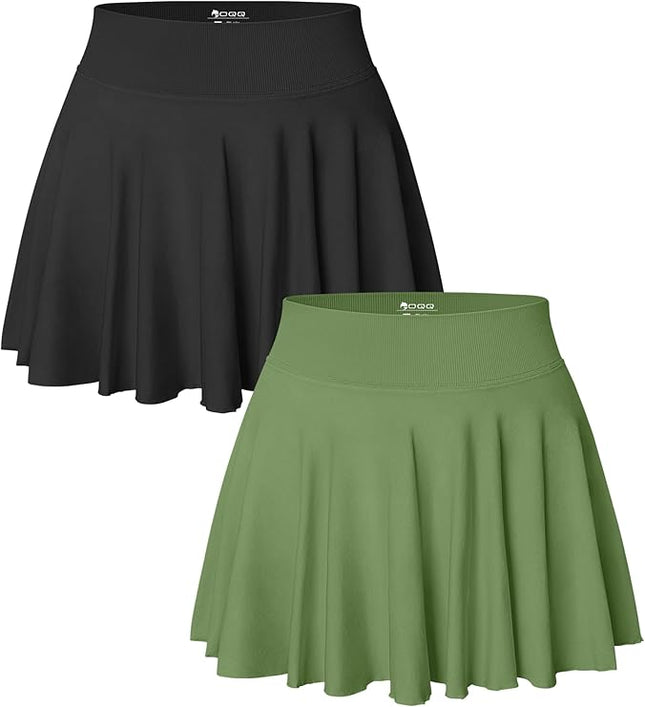 OQQ Women 2 Piece Skirts 2 in 1 Flowy Basic Versatile Stretchy Flared Casual Mini Skirts Black Pea Green
