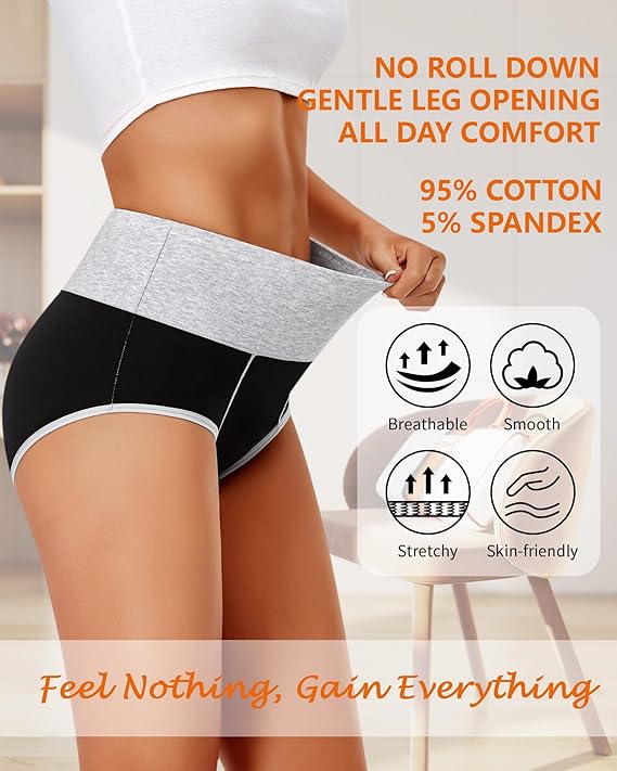 ASIMOON Womens Tummy Control Underwear Cotton High Waisted Panties Soft Breathable Briefs Postpartum C Section Panties Pack