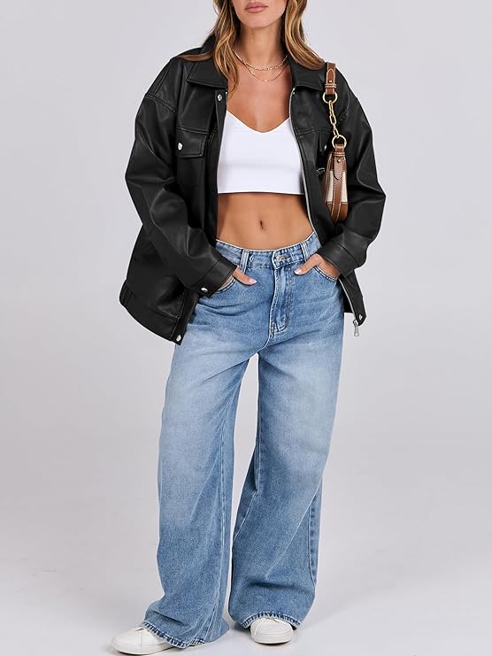ANRABESS Women Oversized Faux Leather Jackets Fall Fashion Zip Up Motorcycle Coats Winter 2025 Spring Outfits Clothes Black Small