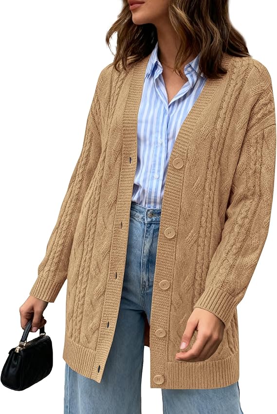 BTFBM Fall Fashion 2025 Chunky Cardigan Sweaters for Women Winter Open Front Cable Knit Button Long Cardigans Outerwear(Khaki, Small)