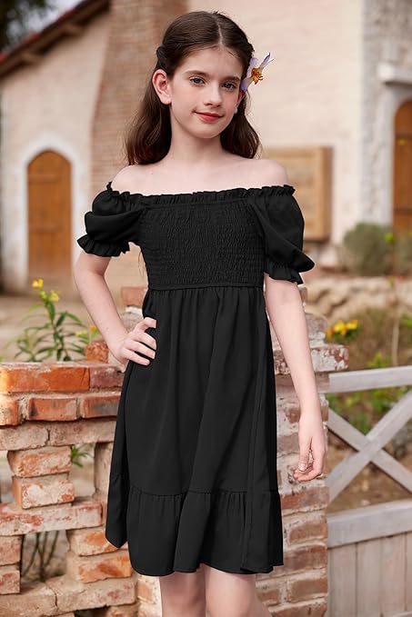 BesserBay Little Girls Puff Sleeve Square Neck Solid Black Midi Dress Summer Smocked Ruffle Flowing Casual Sundress Size 3-4 Years