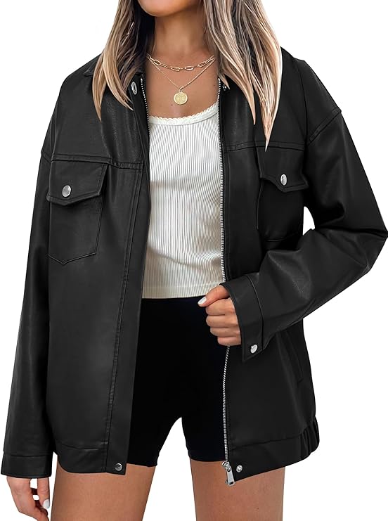 ANRABESS Women Oversized Faux Leather Jackets Fall Fashion Zip Up Motorcycle Coats Winter 2025 Spring Outfits Clothes Black Small