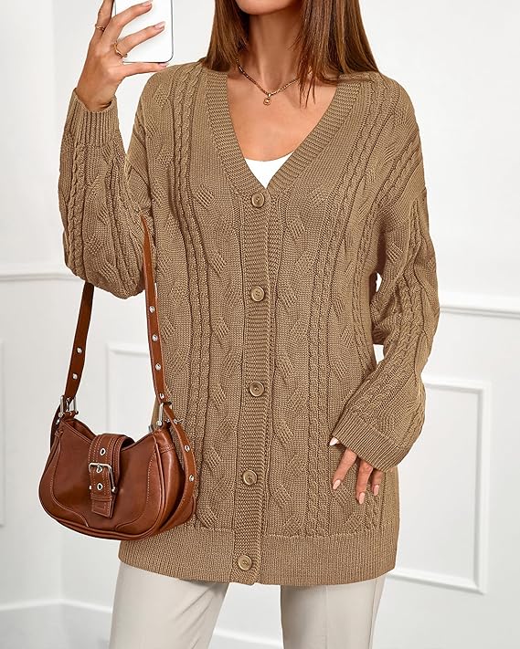 BTFBM Fall Fashion 2025 Chunky Cardigan Sweaters for Women Winter Open Front Cable Knit Button Long Cardigans Outerwear(Khaki, Small)
