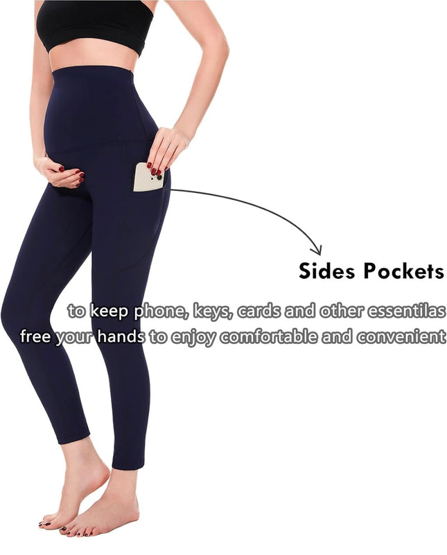 KUNINDOME Maternity Leggings, Pregnancy Yoga Pants, Maternity Active Wear, Navy Blue, Medium